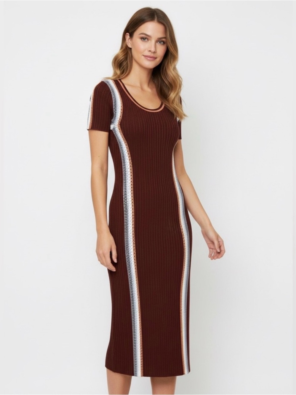 House of Harlow 1960 Ribbed Brown Midi Dress with Contrast Stripes